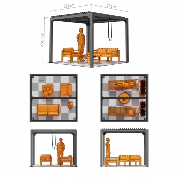 Zahradní terasová pergola - hliníková - šedá - Kea I 3x3m s otvírací střechou GRINDI IN THE GARDEN - 3