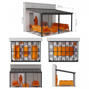 Terasová pergola ke zdi - hliníková - šedá - Nea II 4,3x3m GRINDI IN THE GARDEN - 4