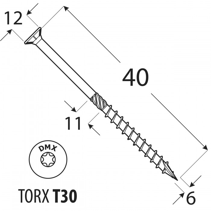 Tesařské vruty se zapuštěnou hlavou 6mm TORX - CS DMX - 36