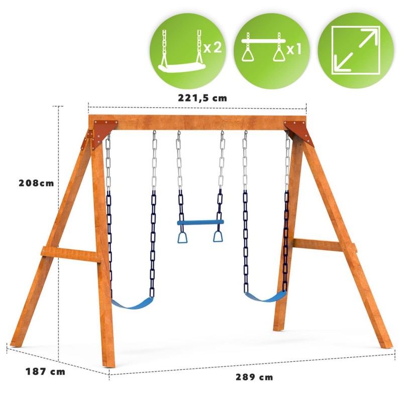 Plac zabaw ogrodowy dla dzieci huśtawka drewniana 3 osobowa Funland I GRINDI - 3