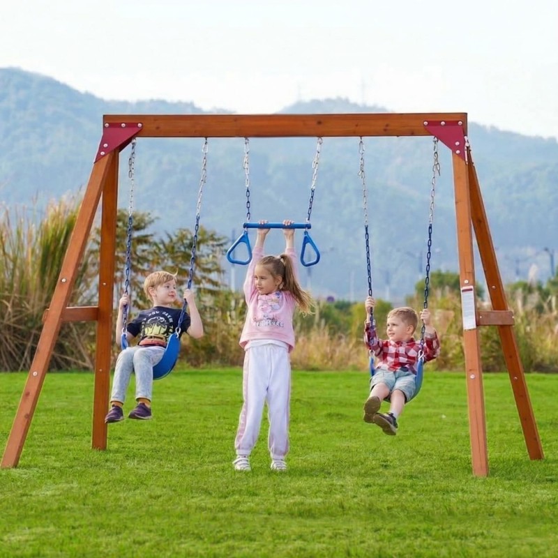 Plac zabaw ogrodowy dla dzieci huśtawka drewniana 3 osobowa Funland I GRINDI - 5