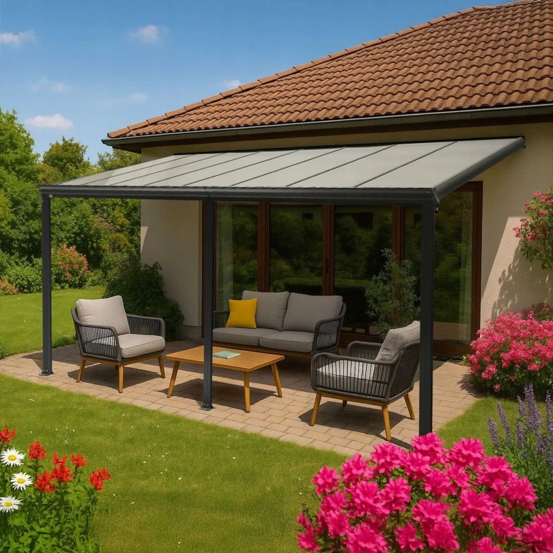 Terasová pergola ke zdi - hliníková - šedá - Nea III 5x3m